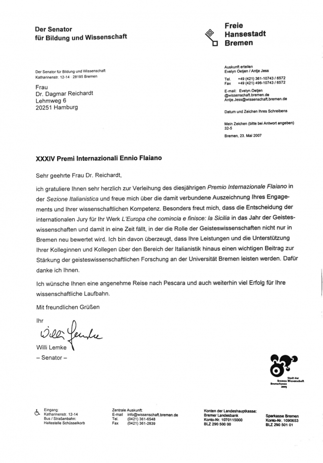 Read the congratulatory letter sent to Dagmar Reichardt by the Senator for Education of the German Hanseatic city of Bremen in 2007